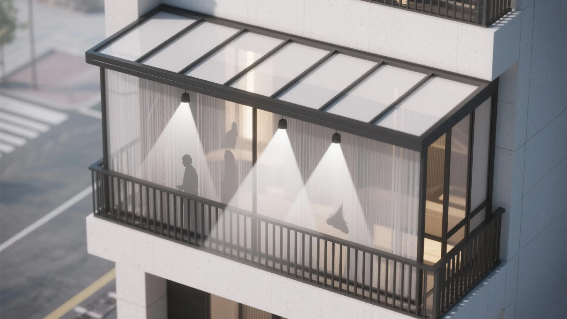 Top-down balcony plan showing layered privacy panels and backlit visibility strategy.