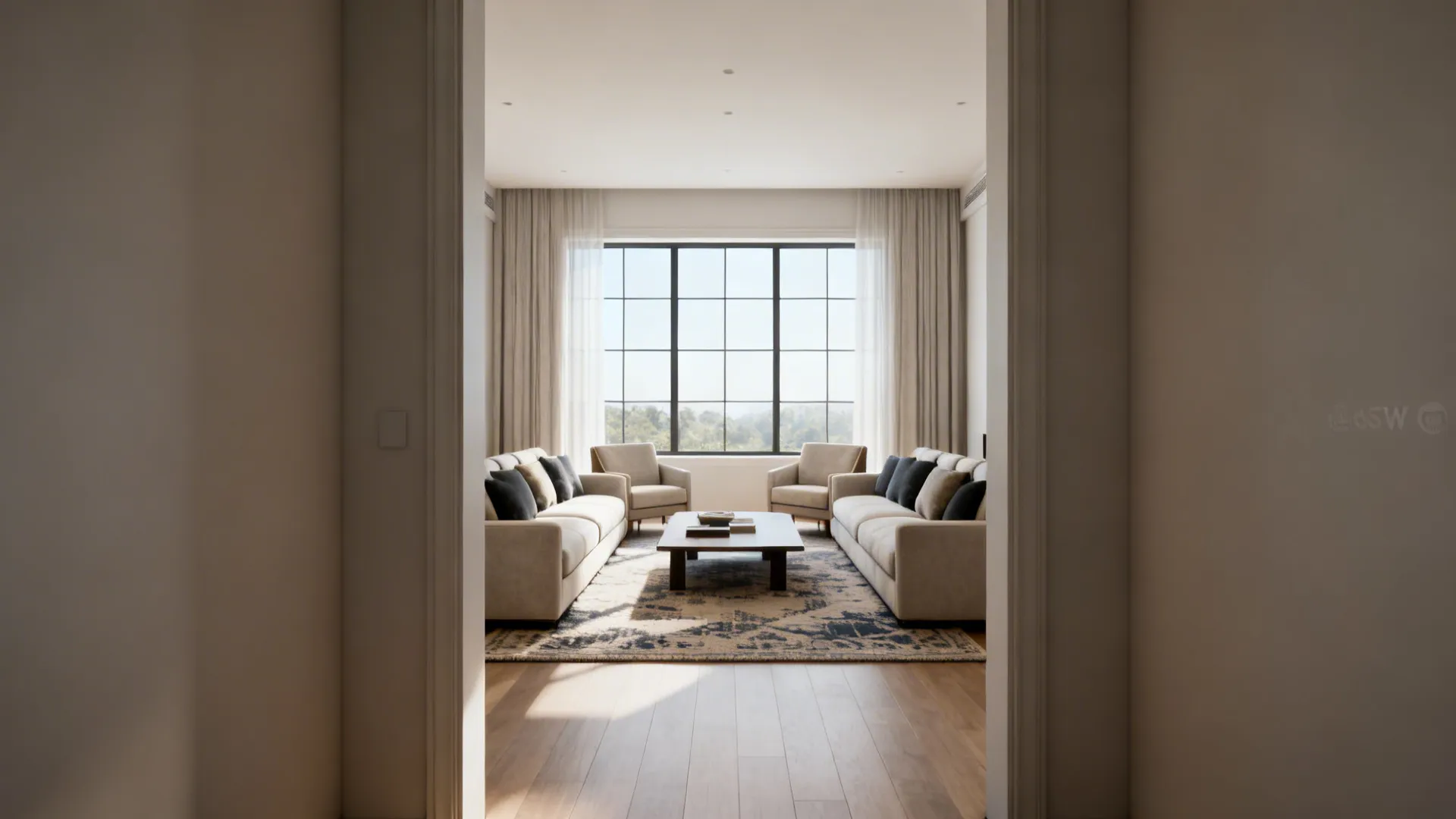 Living room seating arranged to favor sightlines toward a large window focal point.