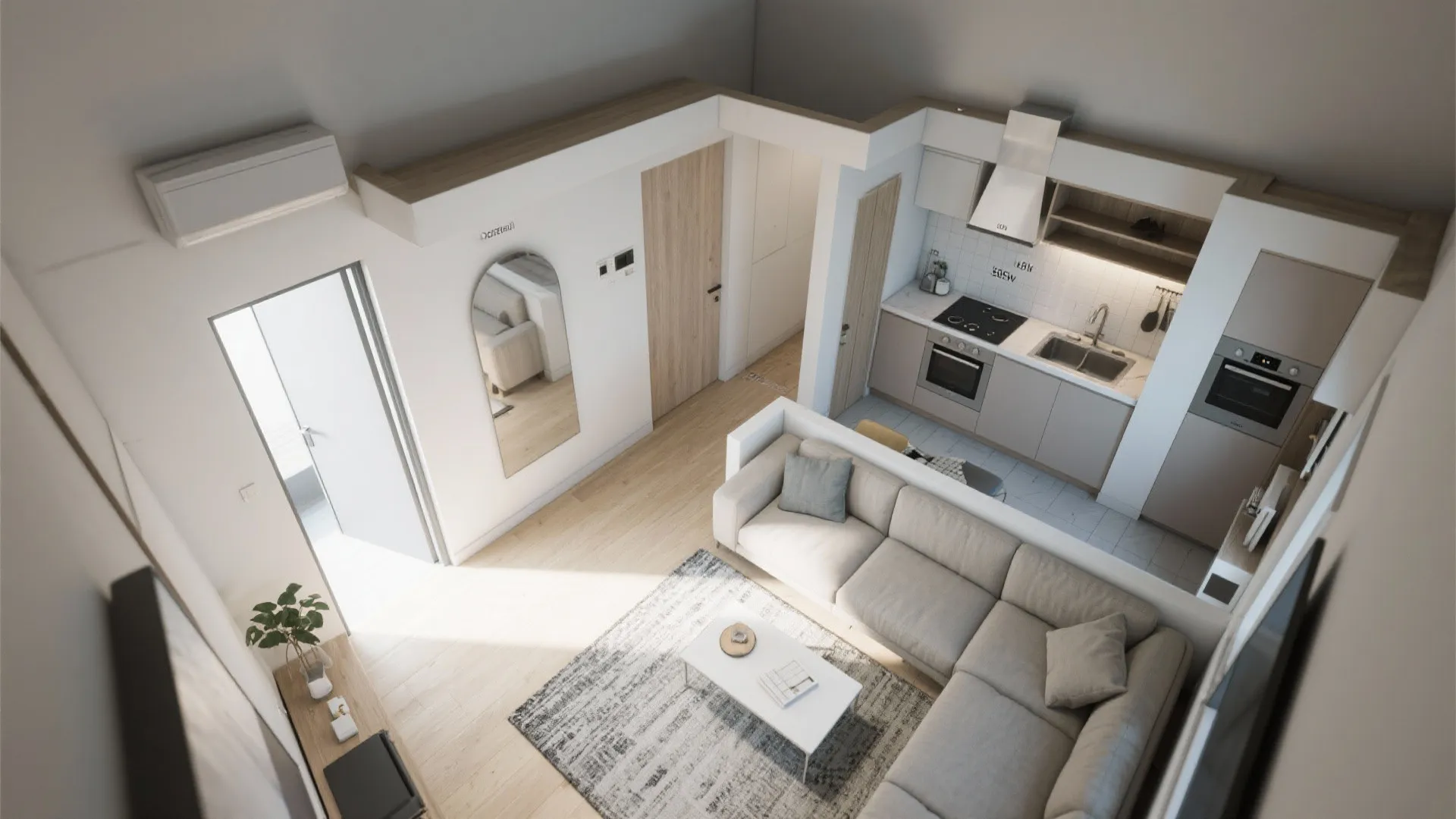 Overhead interior design drawing of modern studio apartment with grey sofa and white kitchen area
