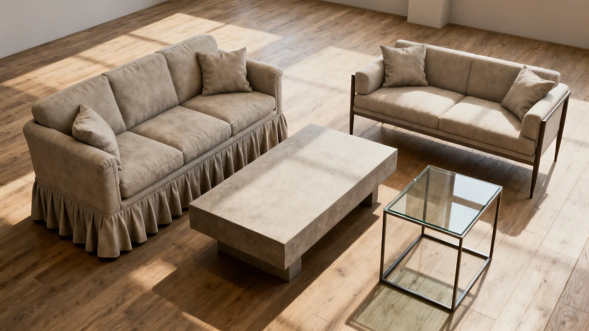 Before-and-after of heavy furniture replaced by slim high-leg pieces and glass tables.