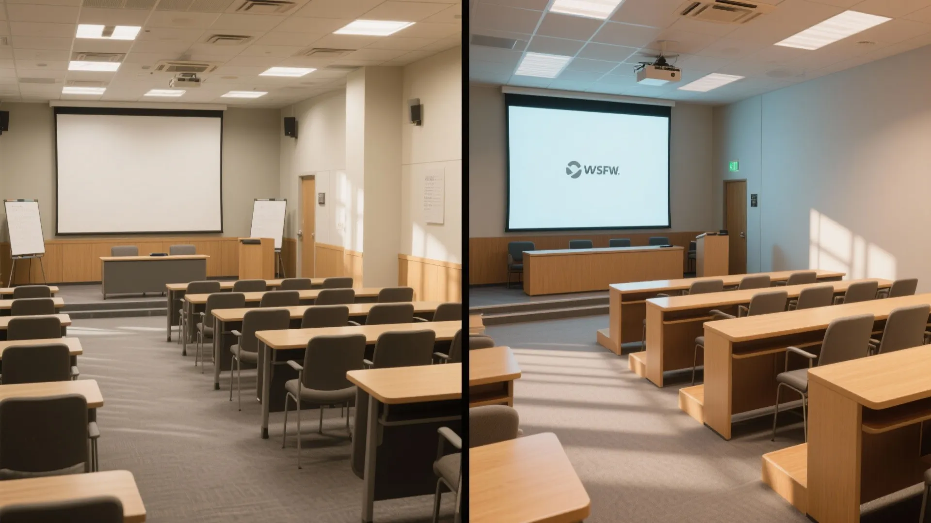 Side by side comparison showing a training room interior design with wooden desks and screen