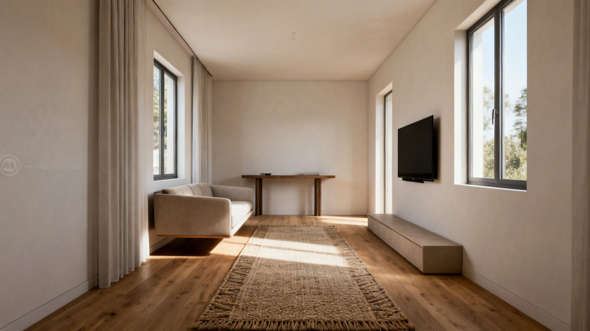 Small living room with a floated slim sofa and a runner rug creating clear sightlines.