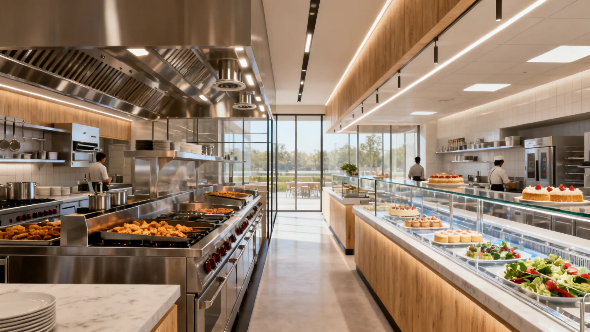 Kitchen corridor separating hot and cold zones with clear sightlines and LED task lighting.