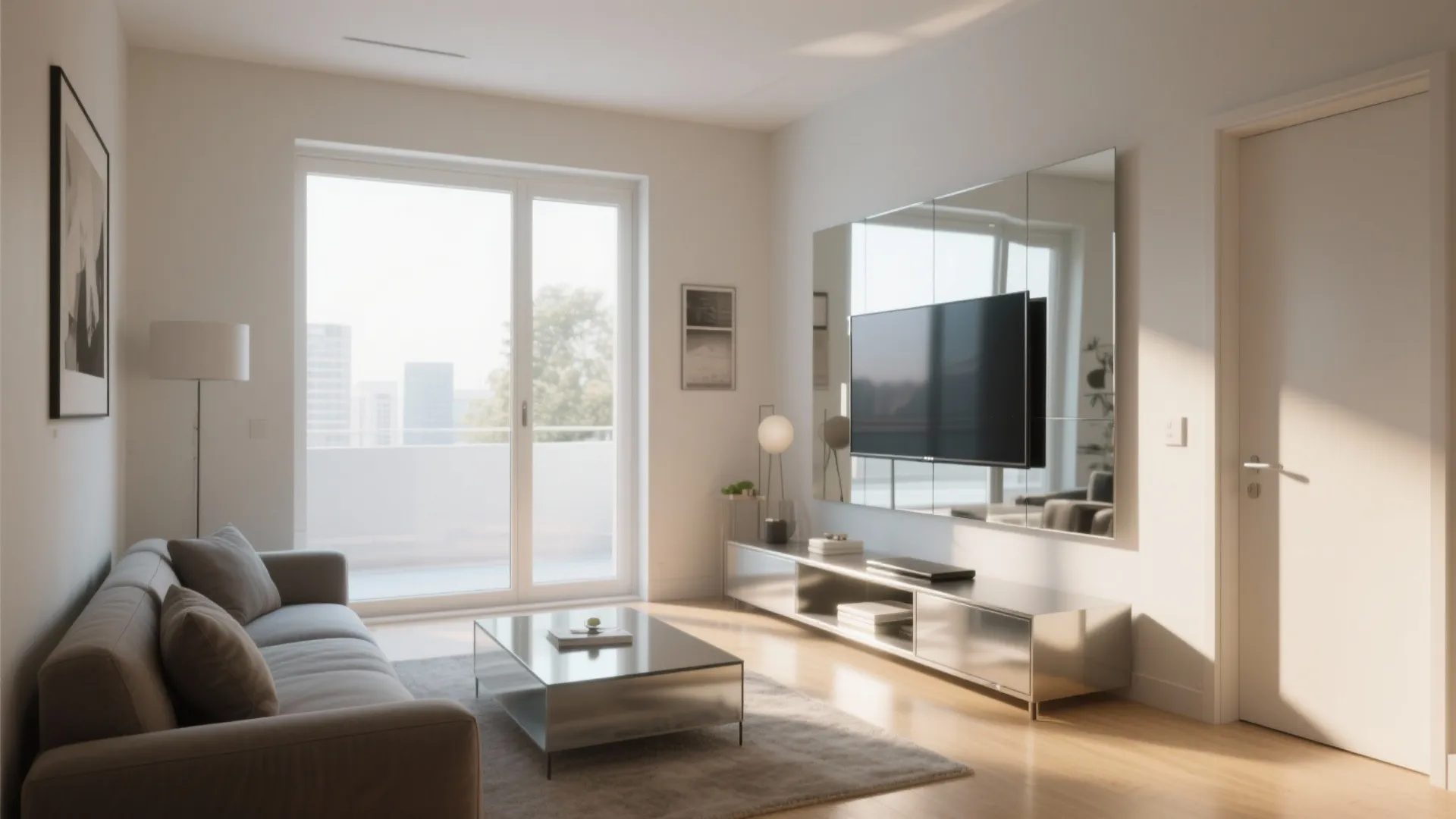 Modern living room with grey sofa, metal coffee table, wall mounted television, and large balcony windows