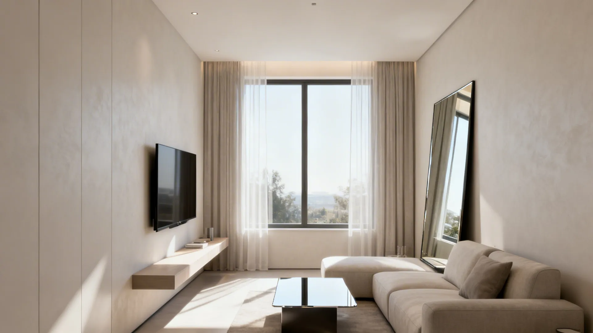 Living room with seating oriented to a bright window and a large mirror that expands perceived width