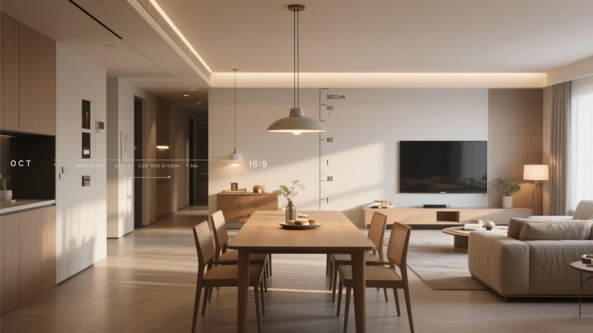 Living-dining layout showing aligned sightlines, 90cm circulation path, and layered ambient and task lighting.