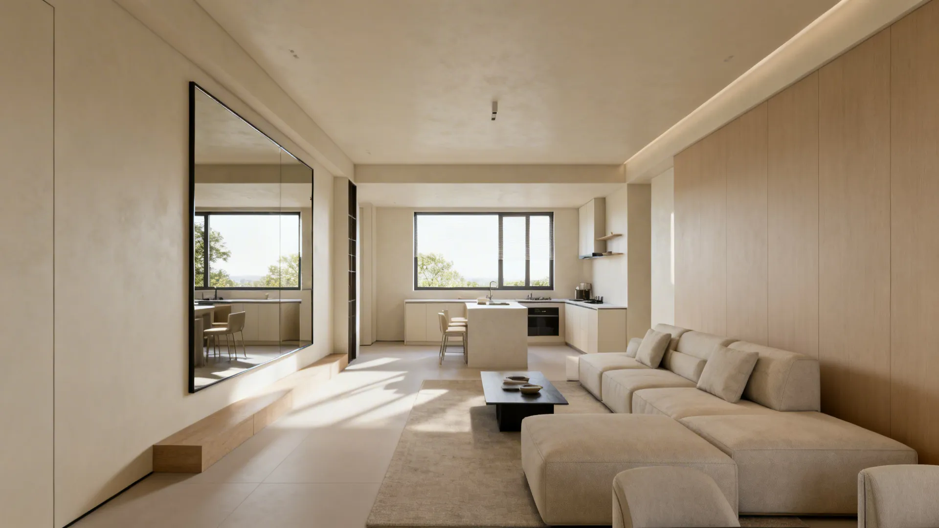 Low-profile furniture and a large mirror creating clear sightlines and reflected natural light.