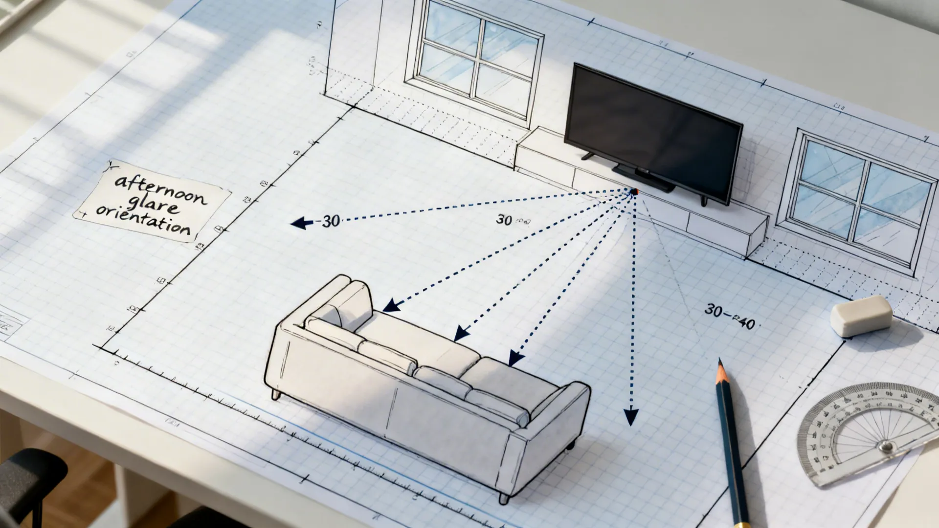 Top-down plan with arrows and cones showing sightlines from sofa to TV and dotted no-block zones near windows.