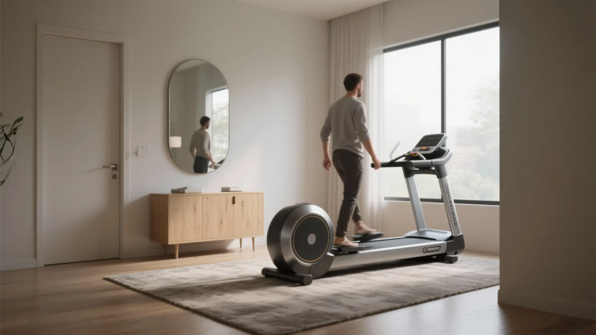Elliptical placed with clear sightlines near a window and mirror, showing safe clearance from cabinets and doorways.