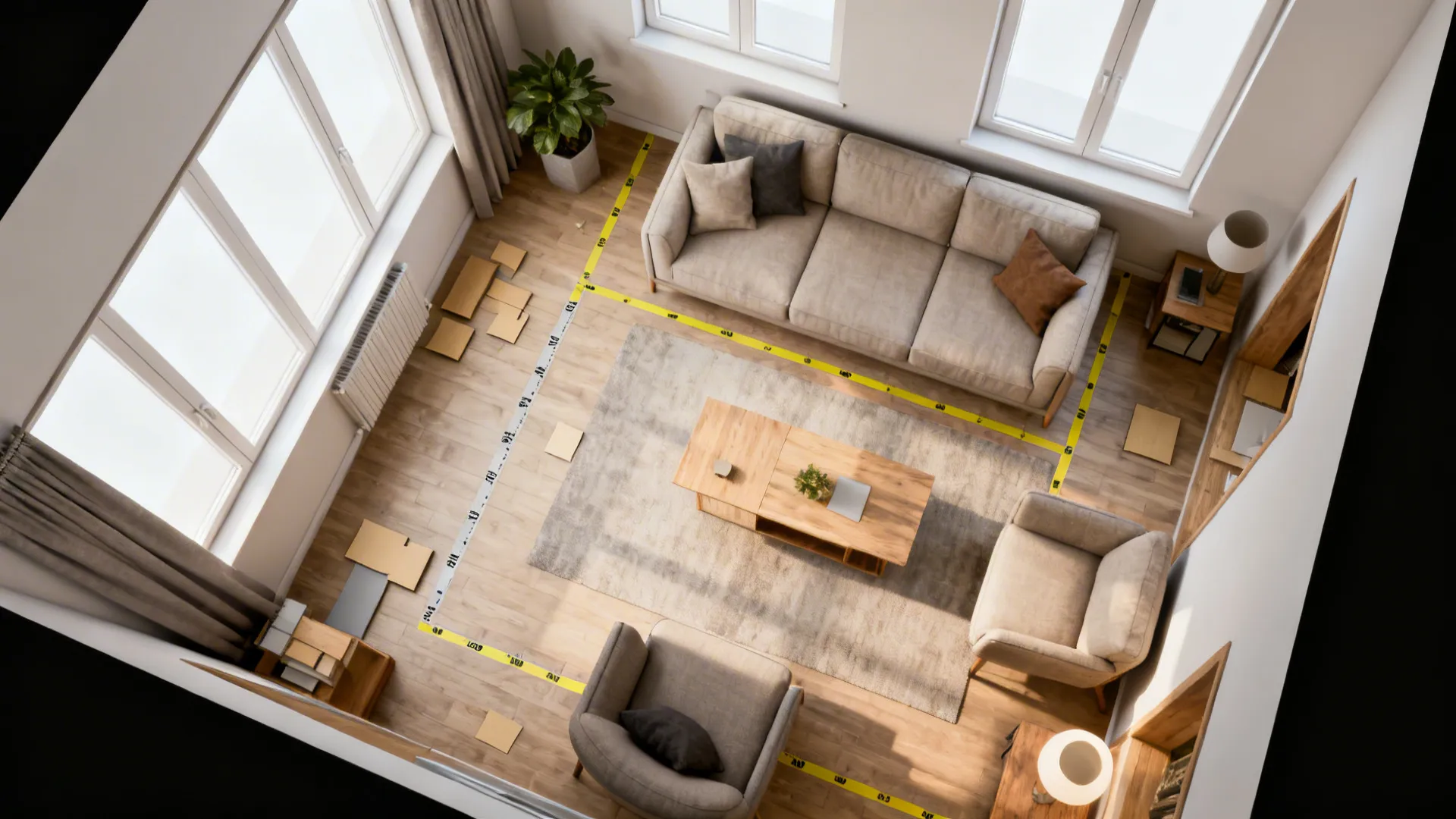 Top-down floor plan photo-style view showing furniture scale and sightlines in a small living room.