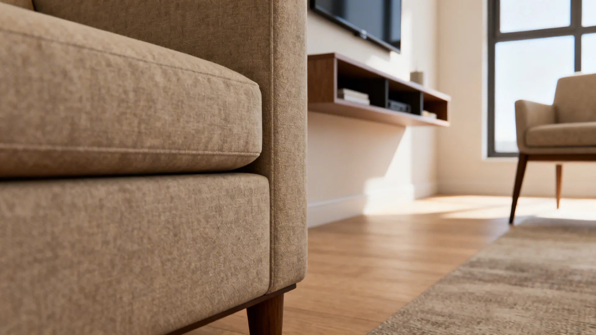 Close-up of low-back sofa and slim wall-mounted console showing furniture scaled for clear sightlines.