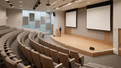 Modern Auditorium Design with Curving Seating and Dual Screens