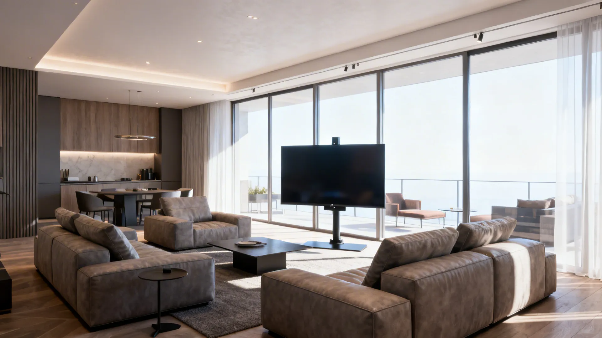 Open-plan living room showing multiple seating angles and a TV on a swivel mount for inclusive viewing.
