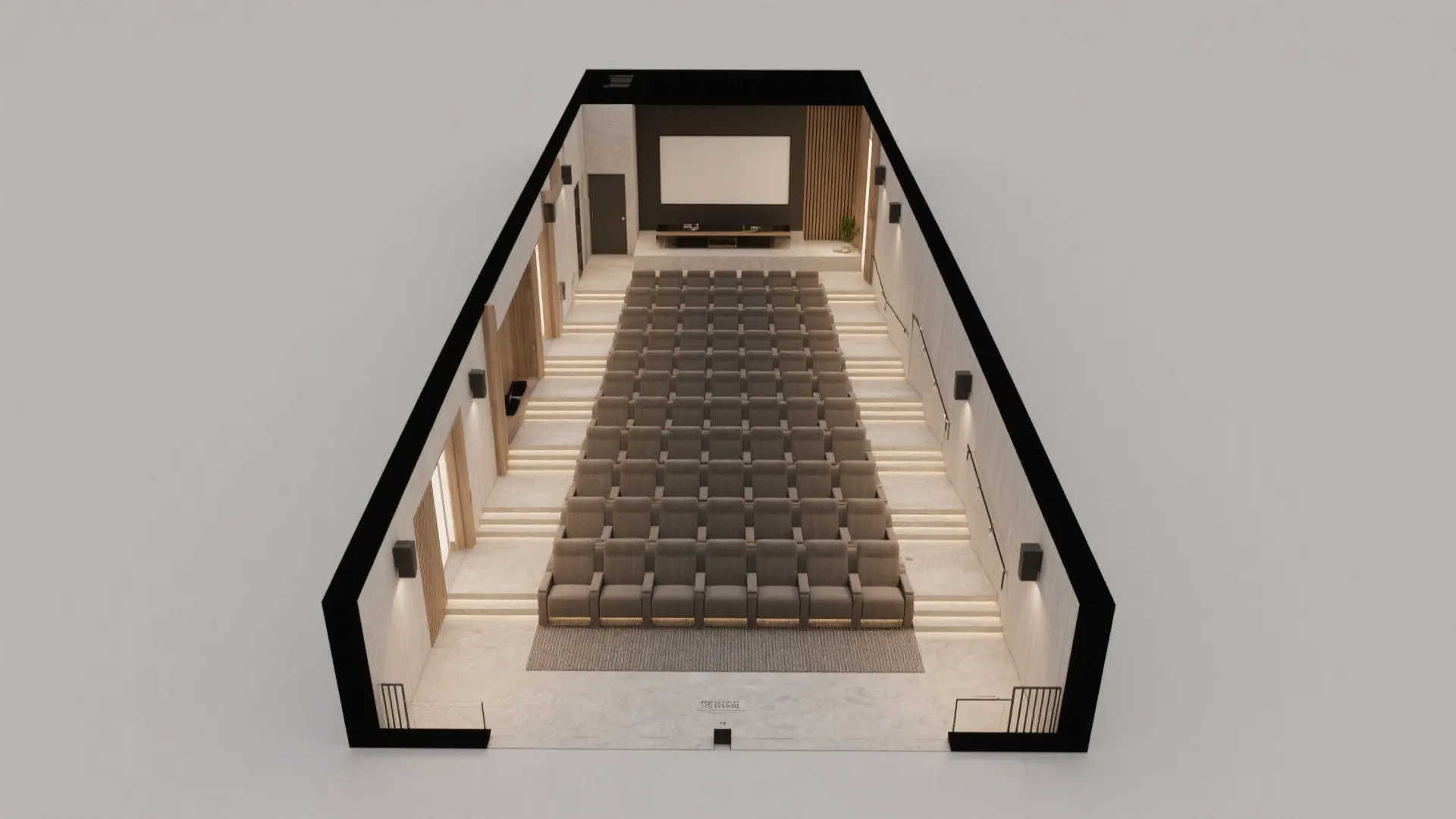 Interior design drawing of home theater room with rows of tiered brown movie theater seating chairs