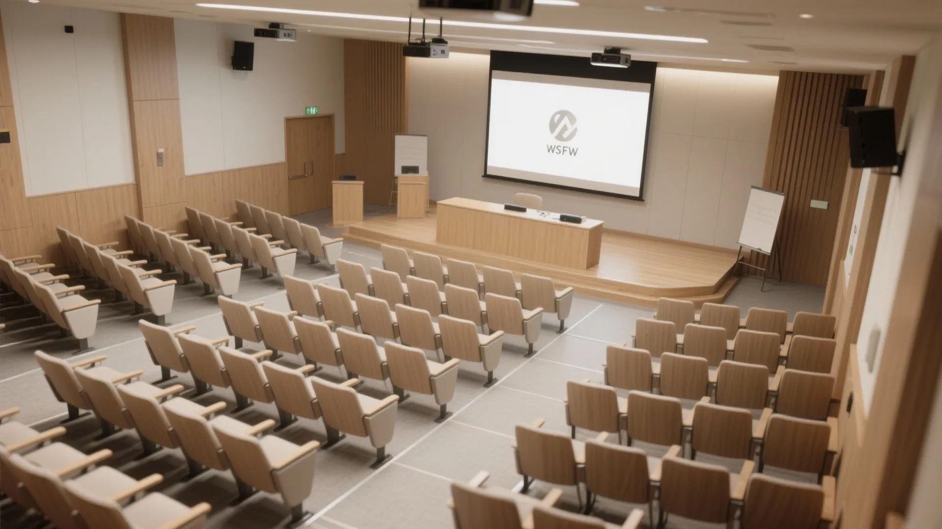 Top view of a lecture hall with rows of seats stage and large projection screen