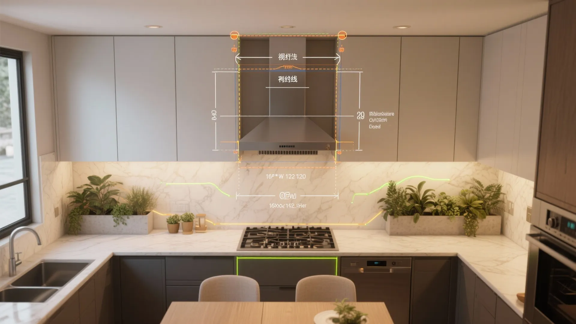 Modern kitchen interior design drawing showing technical measurement lines for vent hood and cabinet layout