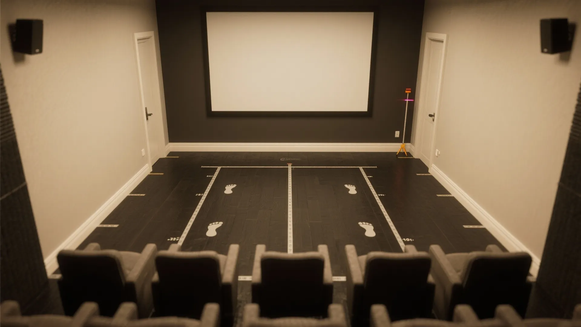 Top-down layout showing taped seat footprints, centered screen, and clear aisles in a small theater.