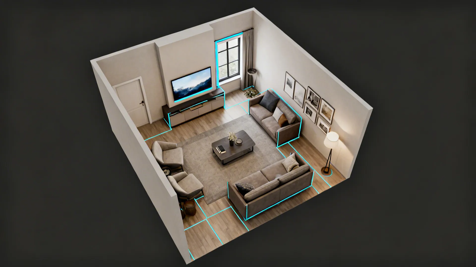 Top-down plan of a small living room illustrating sightlines, focal point and furniture placement