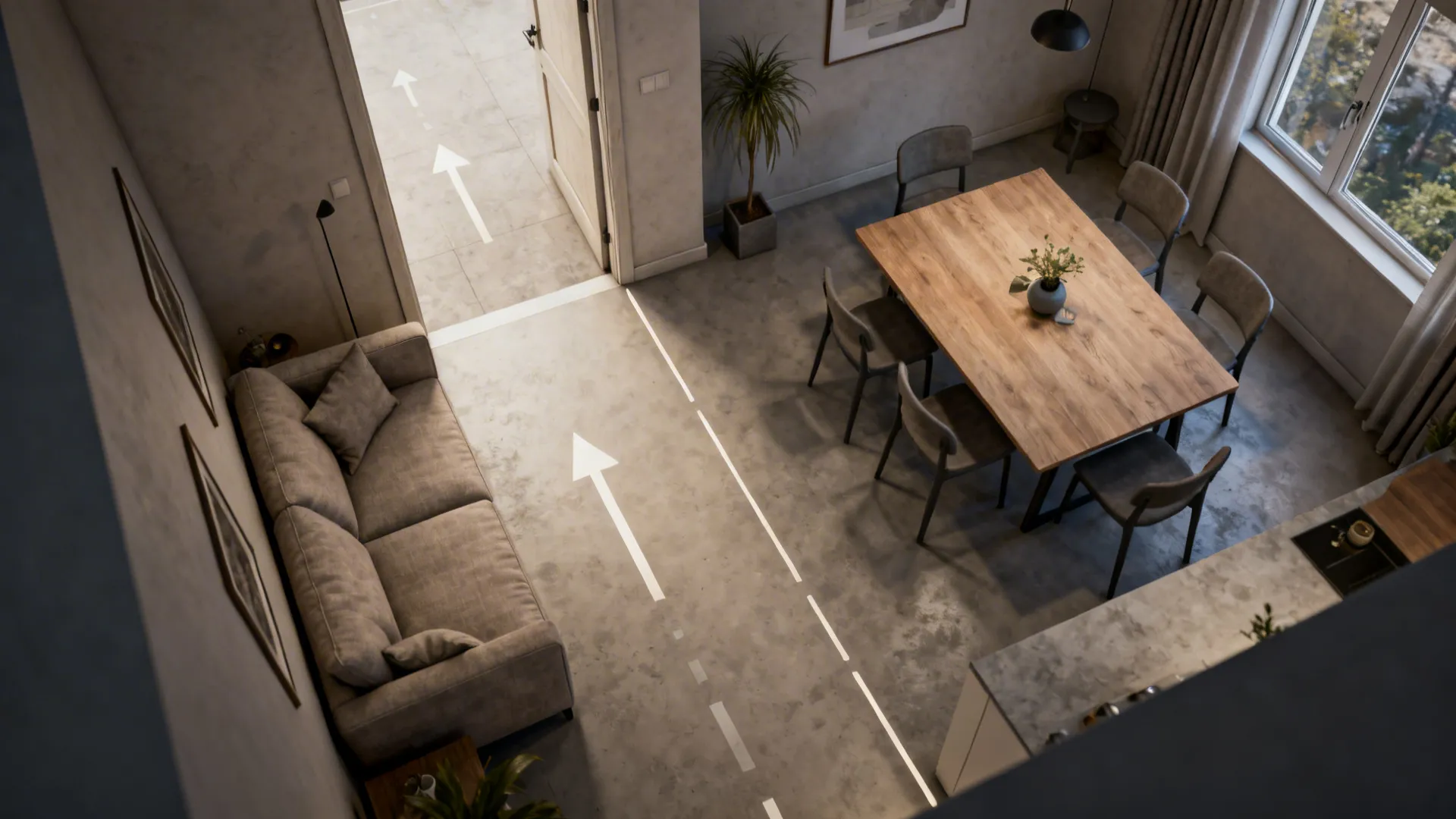 Layout view showing sightlines and clear circulation in an open living-dining plan