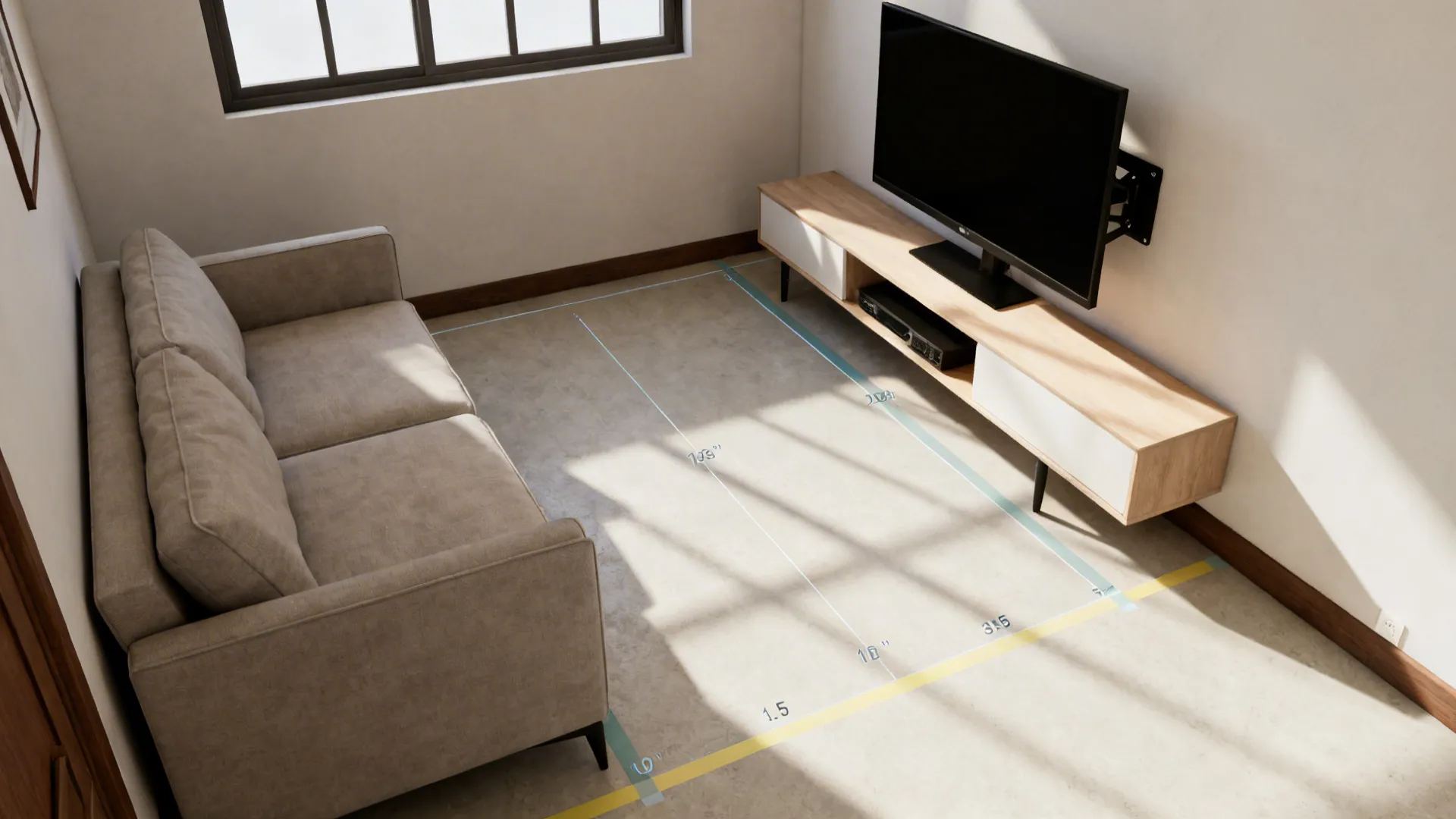 Top-down view of a small living room layout showing sofa, swivel TV and clear walkway to illustrate sightlines
