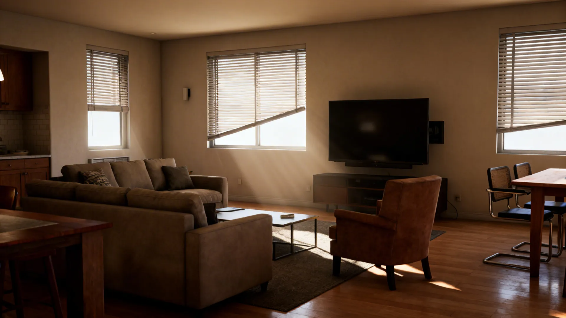 Living room with brown sofa and television stand featuring natural sunlight shining through window blinds