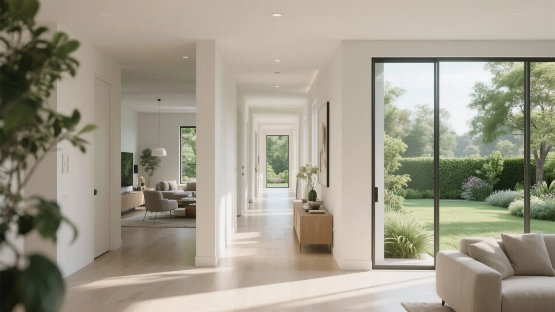 Bright white hallway with wooden floors leading to a glass door viewing a green garden