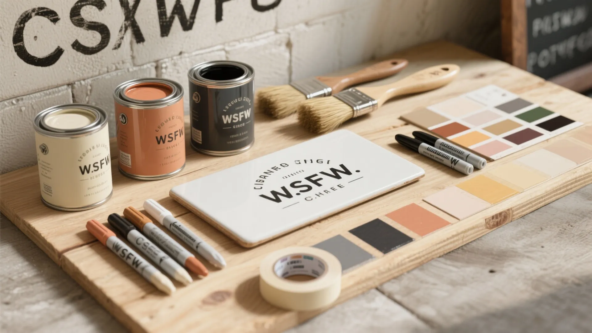 Three paint cans, wooden brushes, color samples, and markers on a light wood tabletop setup