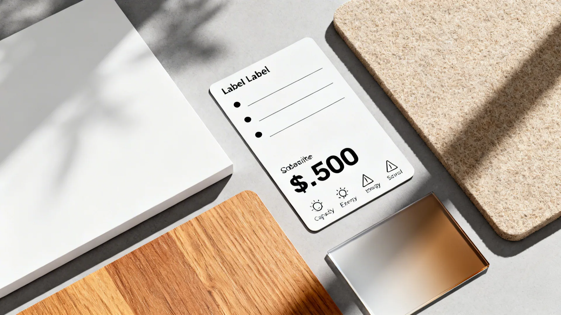 Flat lay of minimalist comparison labels with icons and warm, quiet backdrop materials.