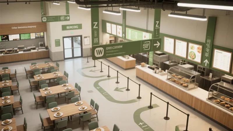 Modern Commercial Cafeteria Design with Green Wayfinding