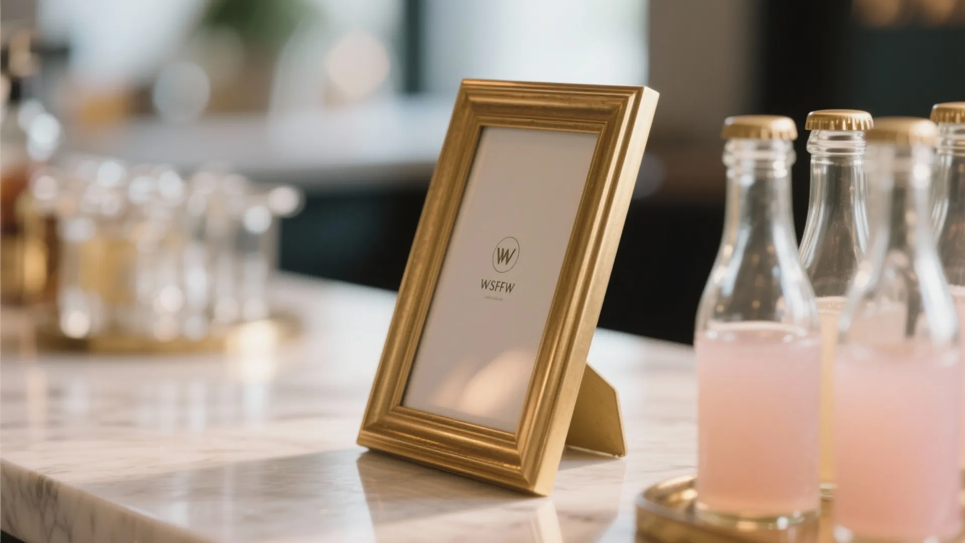 Gold picture frame with logo on marble counter next to pink drinks in small glass bottles