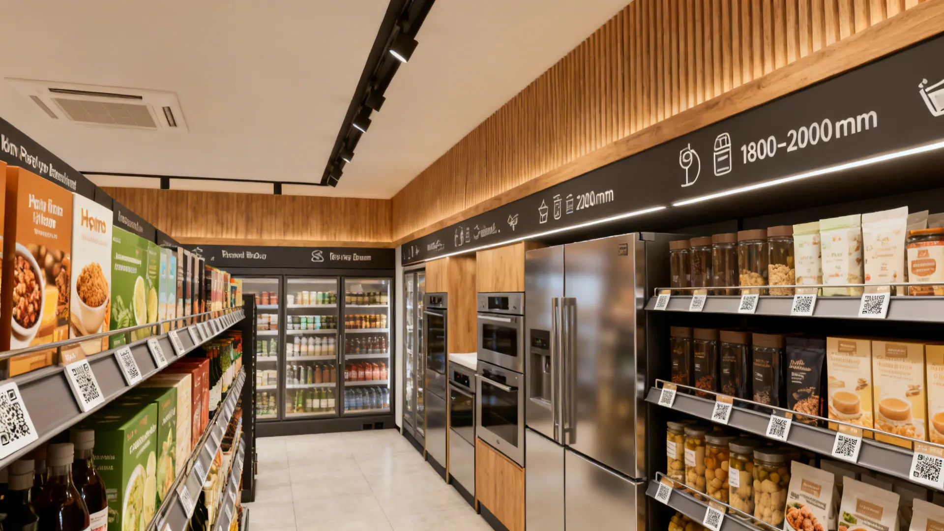 Modern grocery store aisle with shelves showing food products and price rails with QR codes