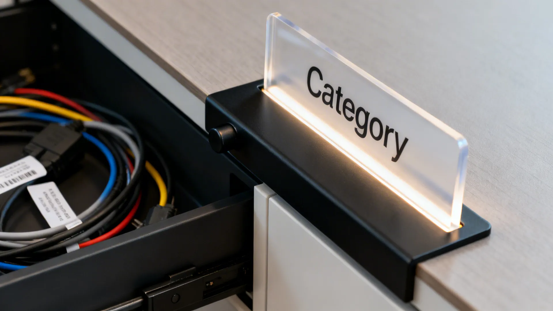 Lighted category sign on a desk next to an open drawer filled with colorful power cables