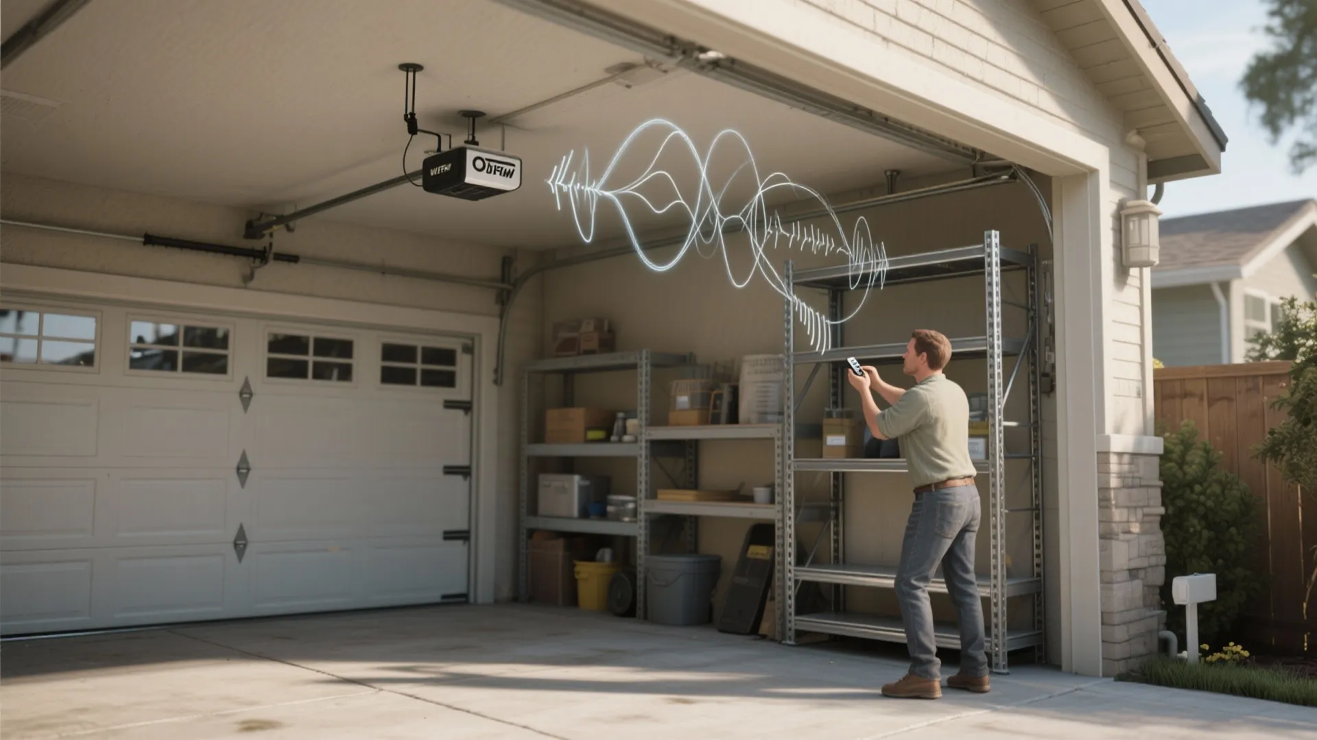 Man in garage holding remote control with signal waves moving to the overhead door motor