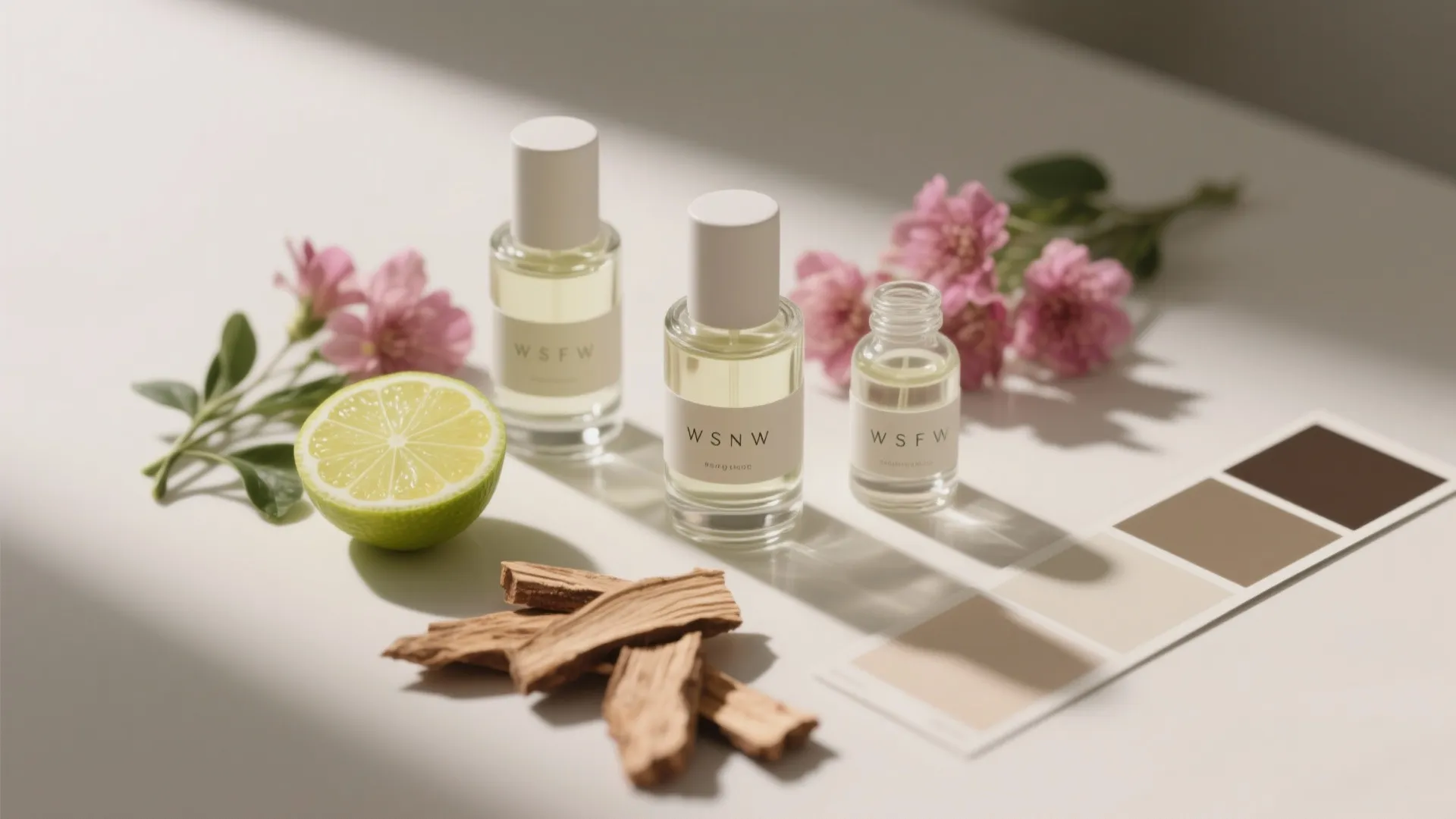 Small perfume bottles on white table with pink flowers lime wood pieces and color palette