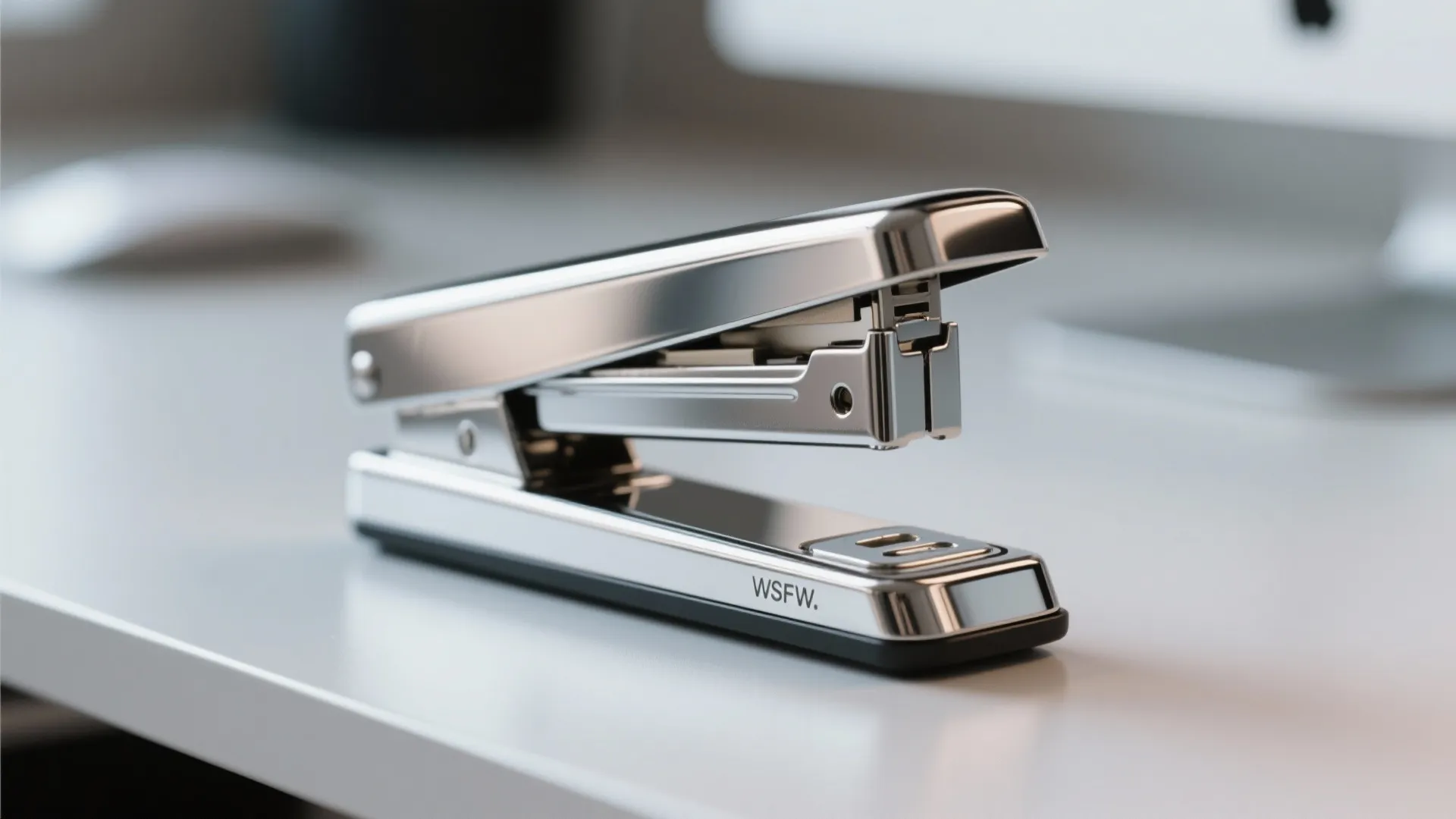 Shiny silver metal stapler on a white office desk with computer monitor in the background