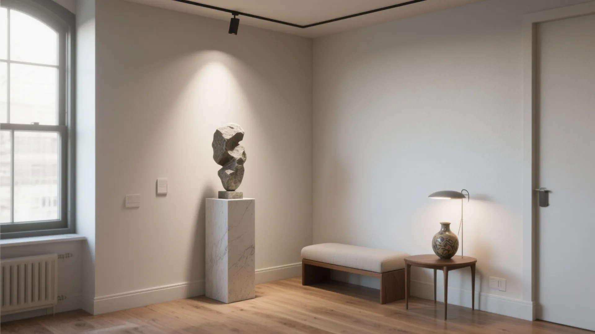 Stone sculpture on marble pedestal in room with wood floor bench side table and lamp