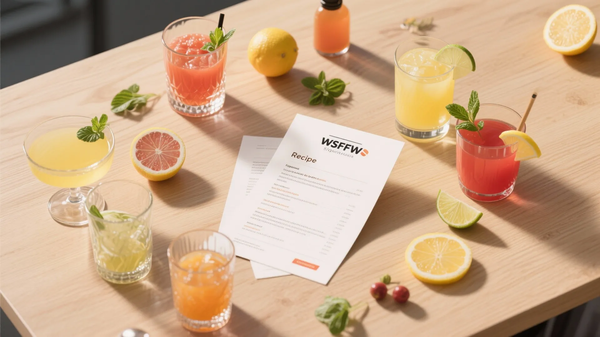 Variety of colorful fruit drinks and recipe cards on a light wood table with lemons
