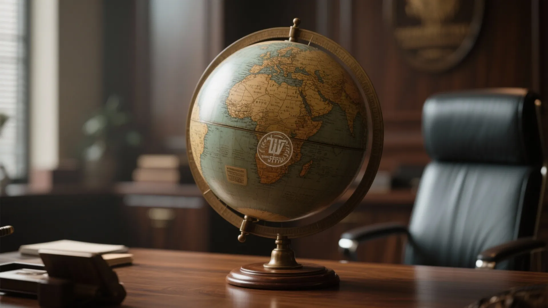 Vintage world globe on wooden desk with black leather office chair in a dark room