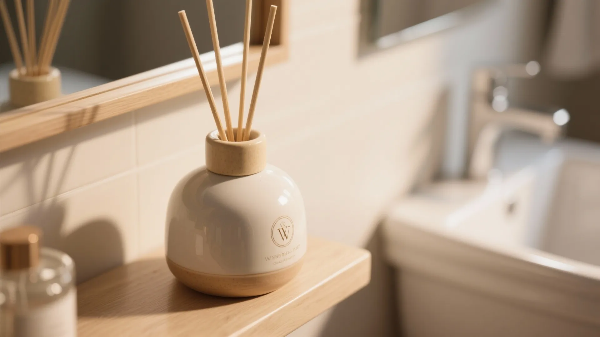 Close up of a white reed diffuser bottle with wooden sticks on a bathroom shelf