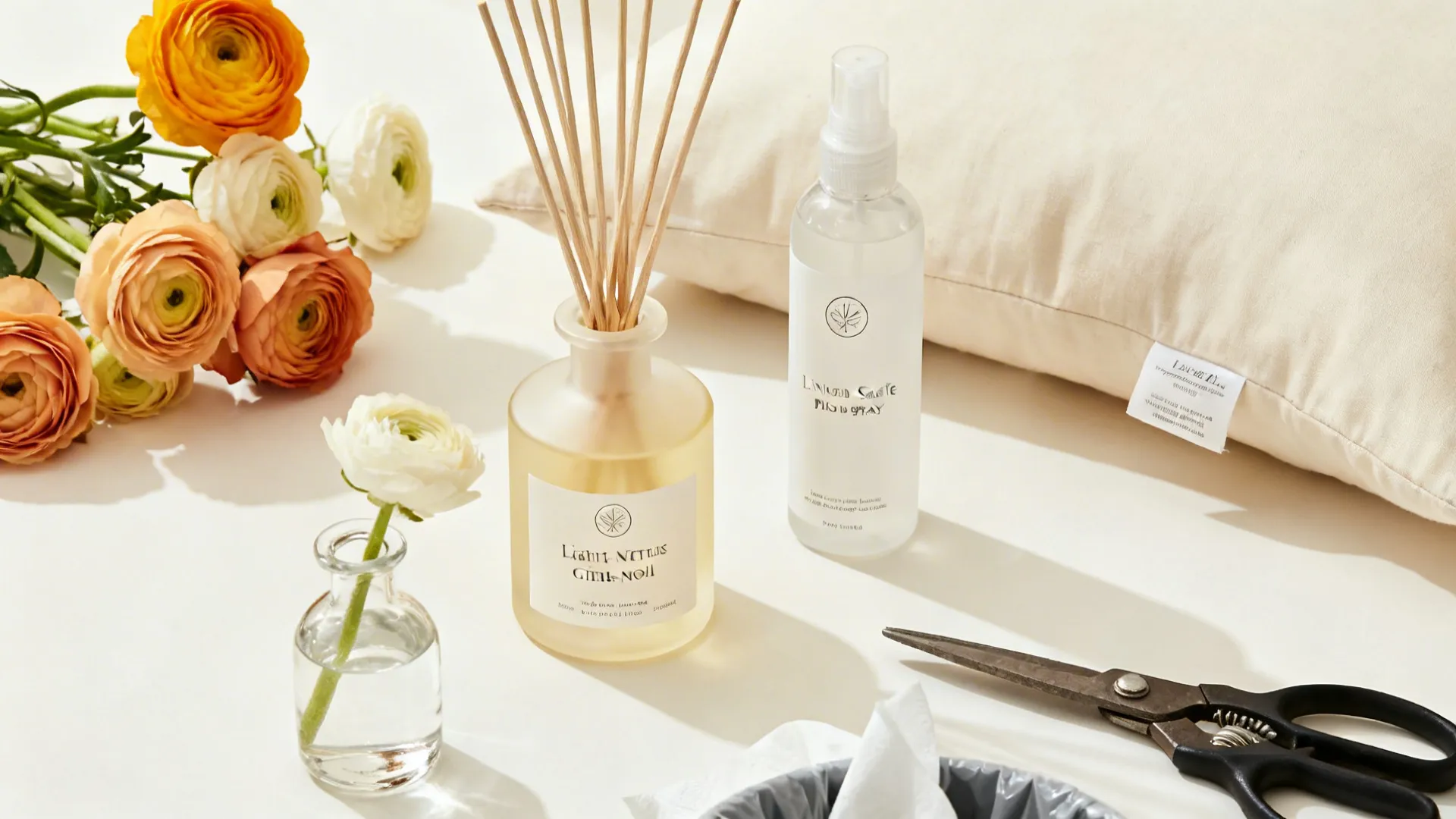 Interior styling scene with orange flowers, a reed diffuser, spray bottle, scissors, and soft pillow