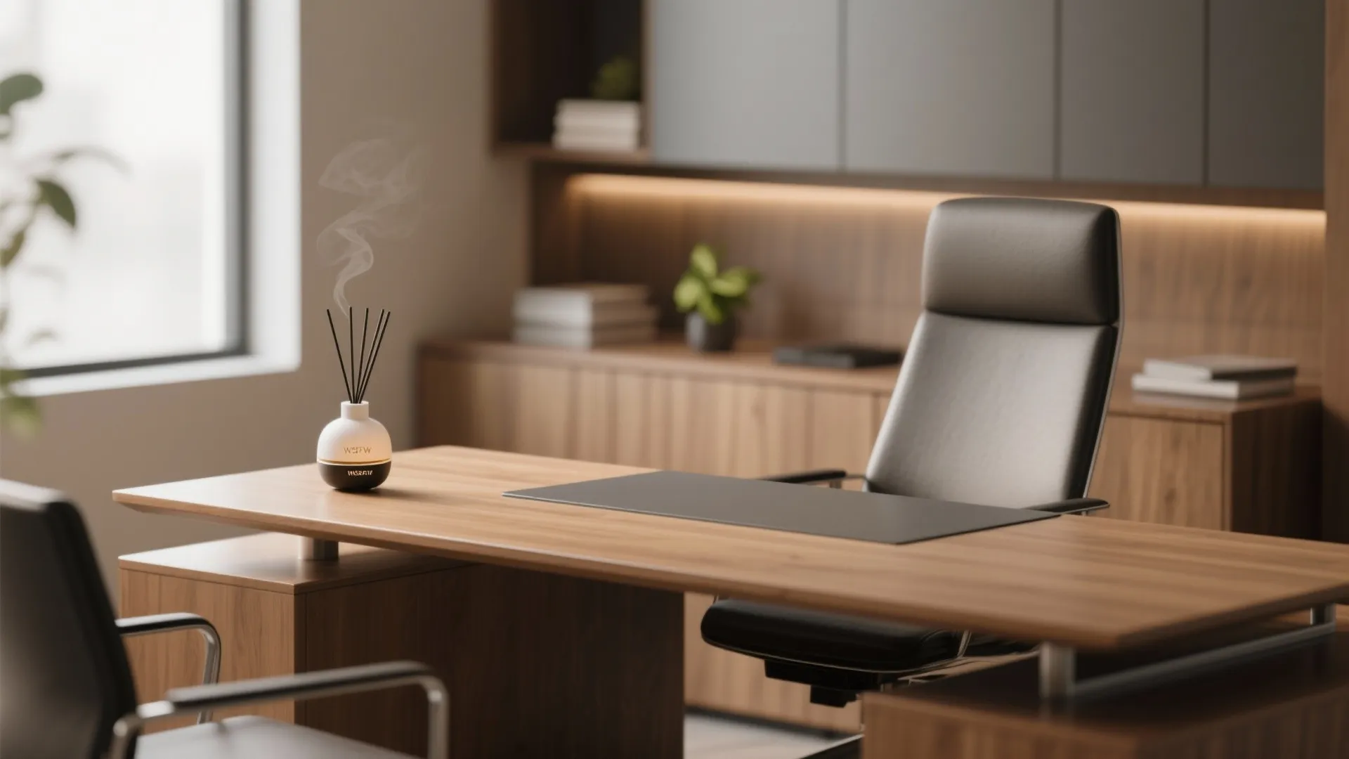 Close up of a wooden office desk with a black chair and scent diffuser bottle