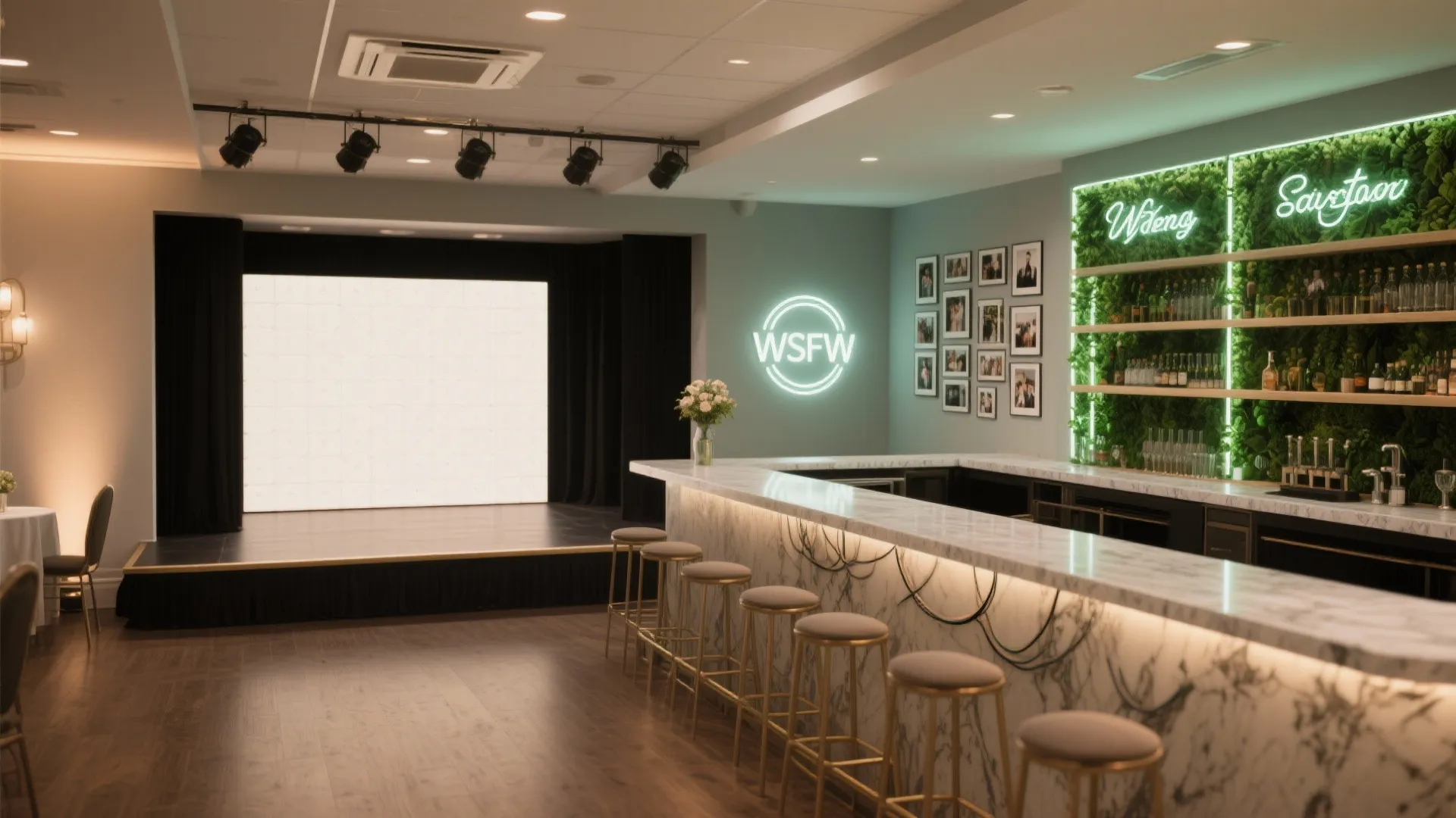 Signature zones: stage, bar, and photo moments that tell a story