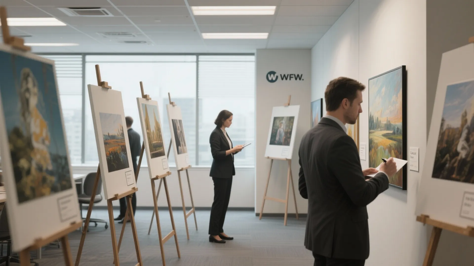Professional people looking at paintings on wooden display stands inside a modern bright office space