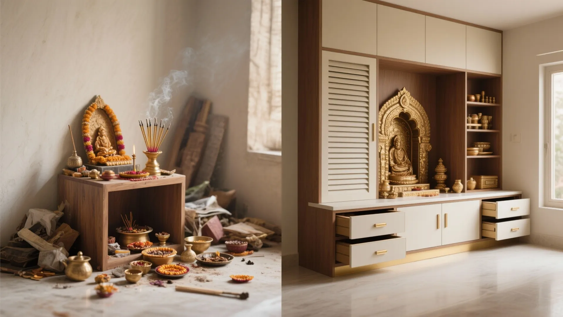 Side by side interior design drawing comparison of traditional small wooden shrine and modern white cabinet