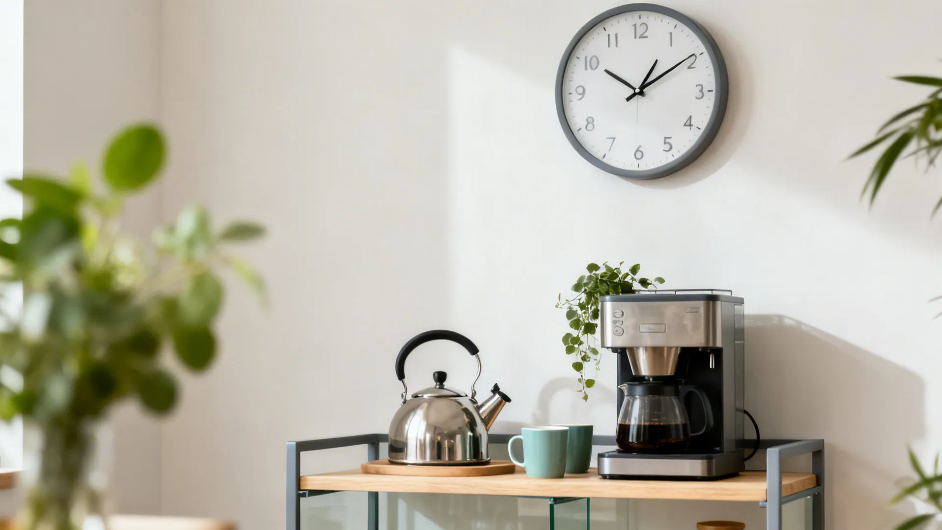 Silent sweep wall clock above a calm coffee station in a small kitchen.