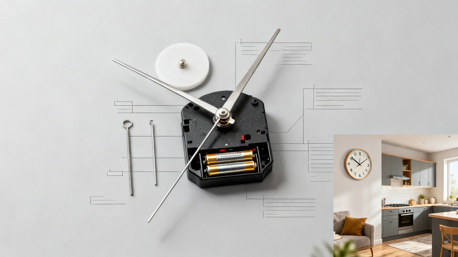 Top-down view of a silent sweep quartz clock mechanism with metal hands and sealed casing.