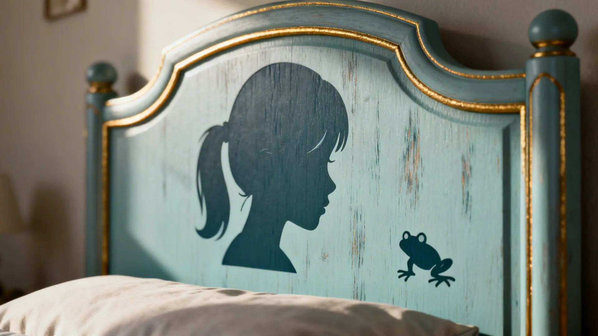 Close-up of a matte headboard with a simple silhouette of a girl's profile and frog outline with warm gold edging.