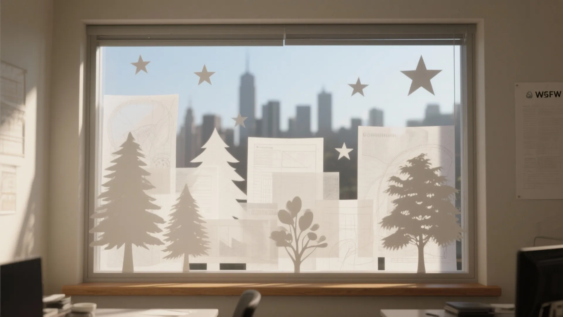 Window with layered tracing paper silhouettes creating depth and soft daylight effects.