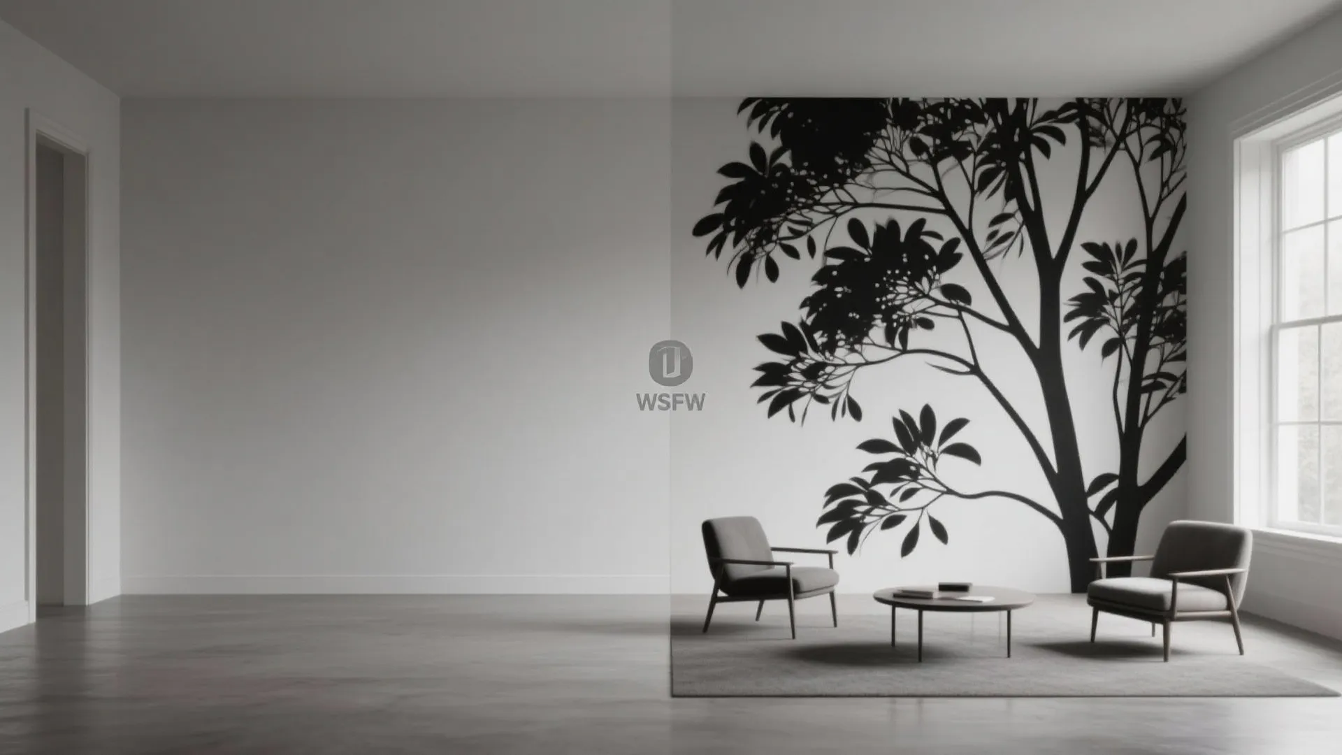 Modern living room featuring large black tree silhouette wall art with two grey lounge chairs