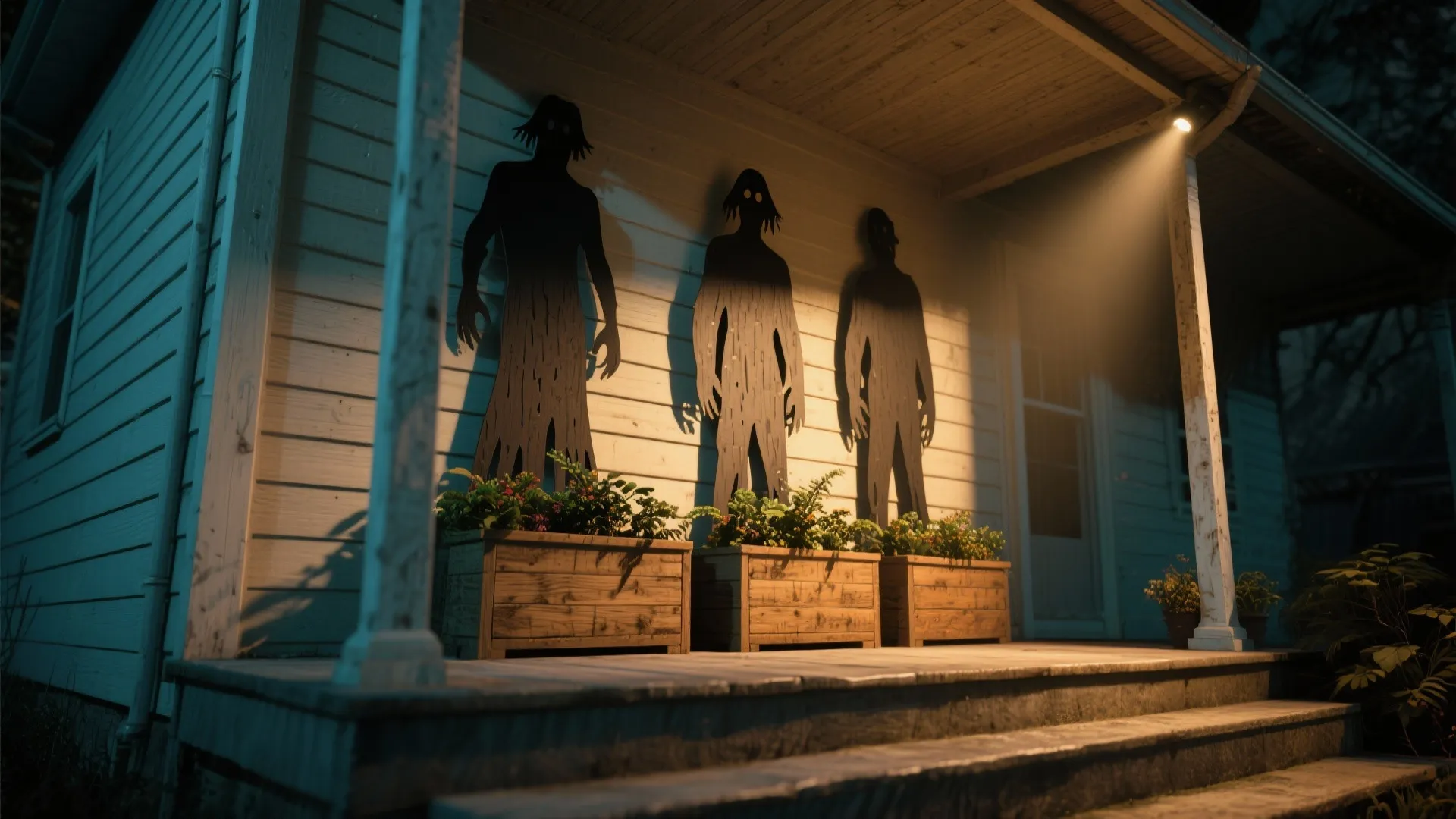 Three spooky human silhouettes standing behind wooden planters on a lighted outdoor house porch deck